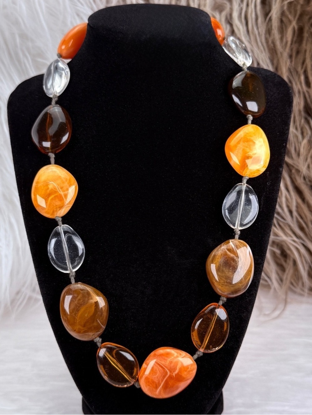 Vintage Statement Necklace Orange Brown Clear Marbled Oversized Beads
